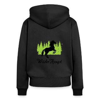 "Wilder Hengst: Kraft und Freiheit vereint" - Frauen Premium Bio Zip Hoodie - Schwarz - Hinten - Julia (174cm)