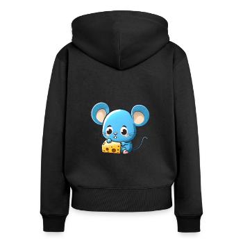 Kleine blaue comic Maus spielt mit Käse - Frauen Premium Bio Zip Hoodie - Schwarz - Hinten - Julia (174cm)