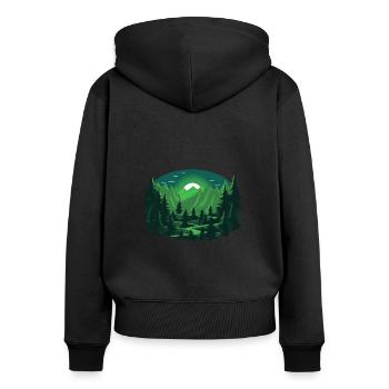 Sunny Mountain Forest T-Shirt: Dunkelgrün & Cyan - Frauen Premium Bio Zip Hoodie - Schwarz - Hinten - Julia (174cm)