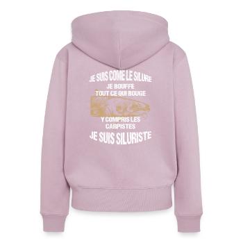 Je suis comme le Silure je bouffe tout - Siluriste - Sweat à capuche zippé Premium bio Femme - rose poudré - Dos - Julia (174cm)