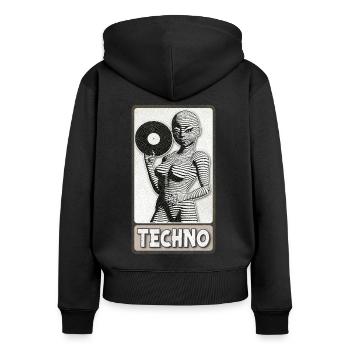 Sexy Frau DJ mit einer Vinylplatte in der Hand. - Frauen Premium Bio Zip Hoodie - Schwarz - Hinten - Julia (174cm)