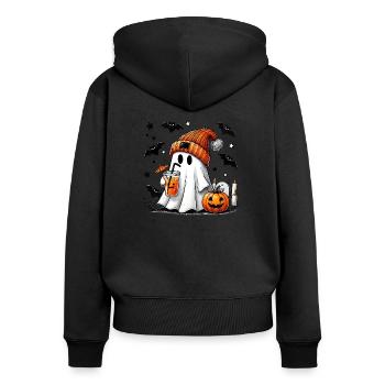 Fantôme douillet avec boisson à la citrouille - Doux motif d’Halloween - Sweat à capuche zippé Premium bio Femme - noir - Dos - Julia (174cm)