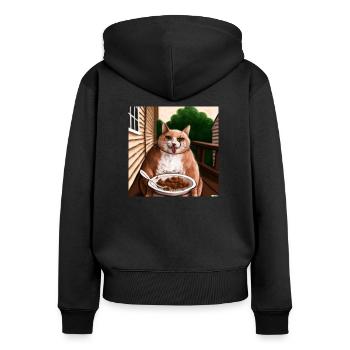 Cat with tongue outstretched eats on balcony - Women's Premium Organic Zip Hoodie - black - Back - Julia (174cm)