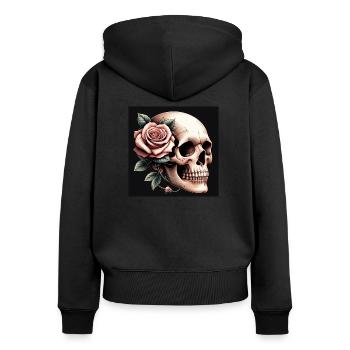 Totenkopf mit rosa Rose - Frauen Premium Bio Zip Hoodie - Schwarz - Hinten - Julia (174cm)