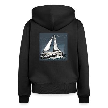 Wer ist unterwegs? - Frauen Premium Bio Zip Hoodie - Schwarz - Hinten - Julia (174cm)