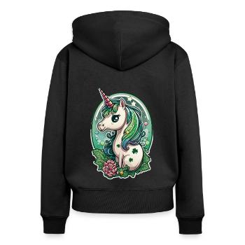 Licorne multicolore fleurs trèfle chance fête - Sweat à capuche zippé Premium bio Femme - noir - Dos - Julia (174cm)