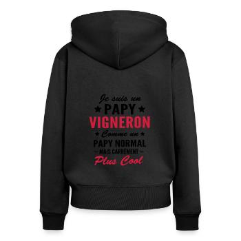 cadeau humour papy vigneron - papy viticulteur - Sweat à capuche zippé Premium bio Femme - noir - Dos - Julia (174cm)