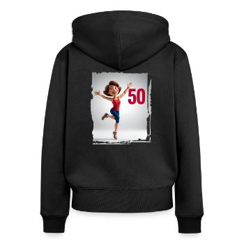Femme heureuse dans ses 50 ans - Sweat à capuche zippé Premium bio Femme - noir - Dos - Julia (174cm)