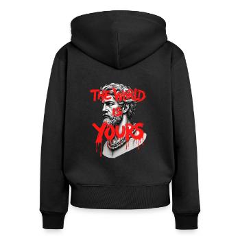 THE WORLD IS YOURS x GREEK GOD - Frauen Premium Bio Zip Hoodie - Schwarz - Hinten - Julia (174cm)