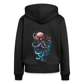Rosa Blauer Oktopus auf schwarzem Untergrund - Frauen Premium Bio Zip Hoodie - Schwarz - Hinten - Julia (174cm)