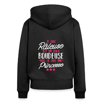 râleuse et princesse / cadeau humour fille - Sweat à capuche zippé Premium bio Femme - noir - Dos - Julia (174cm)