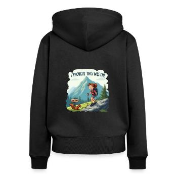 I thought this was the FLAT TRAIL - Wandern Berge - Frauen Premium Bio Zip Hoodie - Schwarz - Hinten - Julia (174cm)