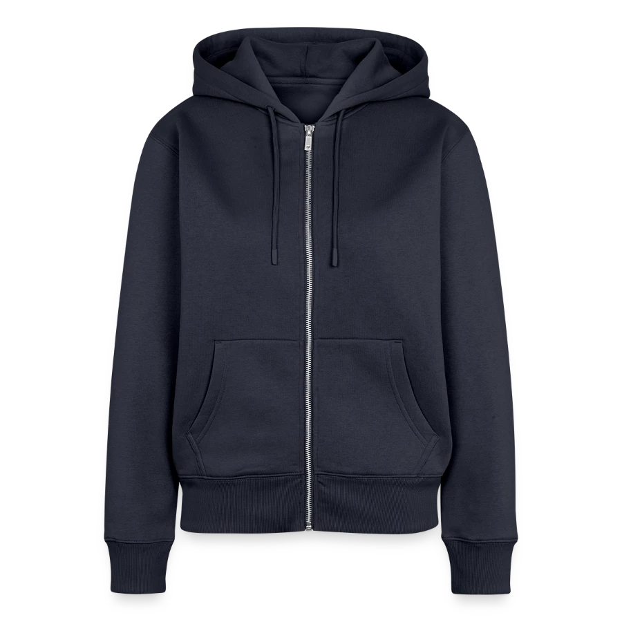 Geneva badge on a women's premium organic zip hoodie, navy