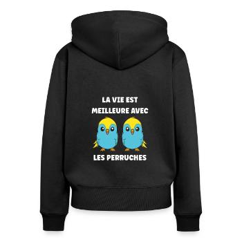 Oiseaux perruches humour petite perruche - Sweat à capuche zippé Premium bio Femme - noir - Dos - Julia (174cm)