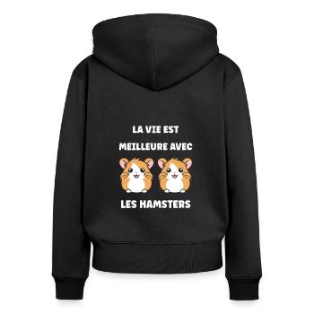 Mignon Humour petit hamster - Sweat à capuche zippé Premium bio Femme - noir - Dos - Julia (174cm)