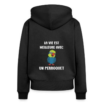 Humour petit perroquet - Sweat à capuche zippé Premium bio Femme - noir - Dos - Julia (174cm)
