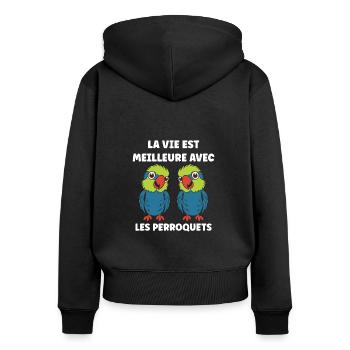 Humour petit perroquet - Sweat à capuche zippé Premium bio Femme - noir - Dos - Julia (174cm)