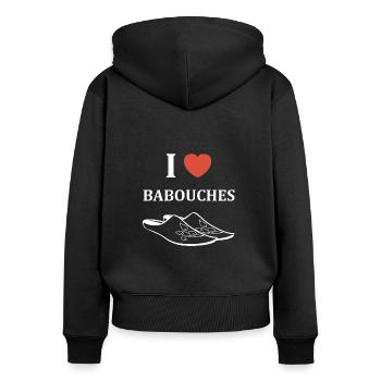 Hausschuhe Humor - Frauen Premium Bio Zip Hoodie - Schwarz - Hinten - Julia (174cm)