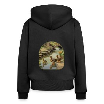 Grenouille canetons pavé pont étang - Sweat à capuche zippé Premium bio Femme - noir - Dos - Julia (174cm)