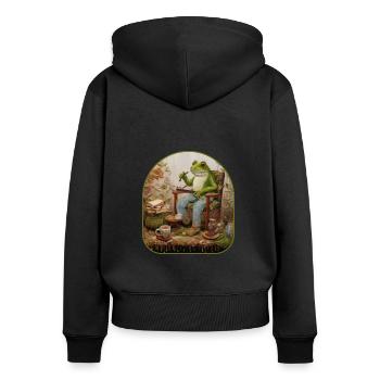 Oma Frosch Stickerei Schaukelstuhl Cottagecore - Frauen Premium Bio Zip Hoodie - Schwarz - Hinten - Julia (174cm)