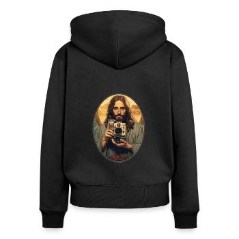 Jésus se blottit Vintage appareil photo T Shirt, Christian - Sweat à capuche zippé Premium bio Femme - noir - Dos - Julia (174cm)