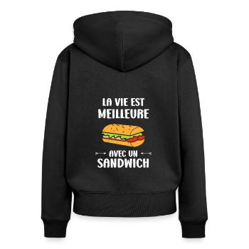 Humour sandwich - Sweat à capuche zippé Premium bio Femme - noir - Dos - Julia (174cm)