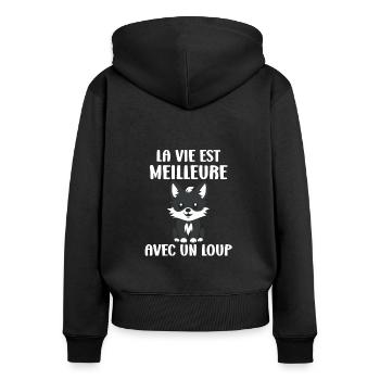 Humour loup - Sweat à capuche zippé Premium bio Femme - noir - Dos - Julia (174cm)
