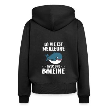 Baleines bleu Amour baleine - Sweat à capuche zippé Premium bio Femme - noir - Dos - Julia (174cm)