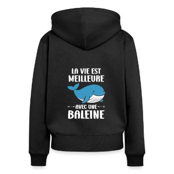 Baleines bleu Amour baleine - Sweat à capuche zippé Premium bio Femme - noir - Dos - Julia (174cm)