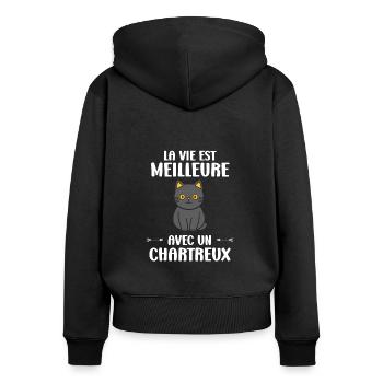 Humour chat chartreux - Sweat à capuche zippé Premium bio Femme - noir - Dos - Julia (174cm)