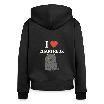 Humour chat chartreux - Sweat à capuche zippé Premium bio Femme - noir - Dos - Julia (174cm)