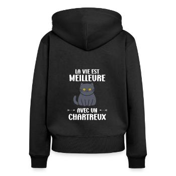 Humour chat chartreux - Sweat à capuche zippé Premium bio Femme - noir - Dos - Julia (174cm)