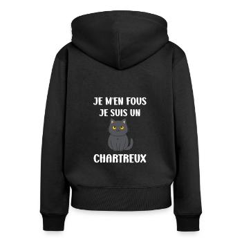 Humour chat chartreux - Sweat à capuche zippé Premium bio Femme - noir - Dos - Julia (174cm)