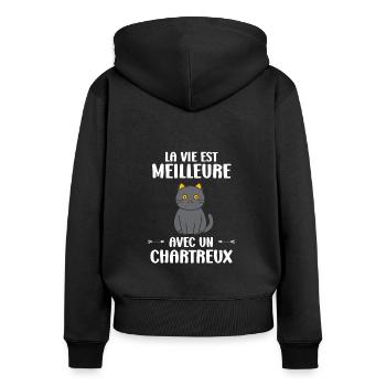 Humour chat chartreux - Sweat à capuche zippé Premium bio Femme - noir - Dos - Julia (174cm)