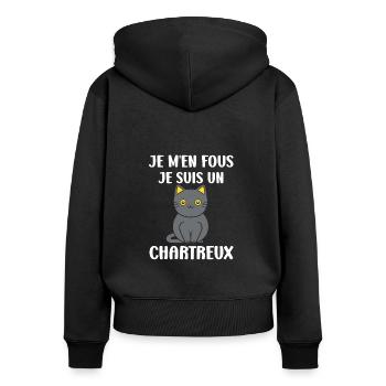 Humour chat chartreux - Sweat à capuche zippé Premium bio Femme - noir - Dos - Julia (174cm)