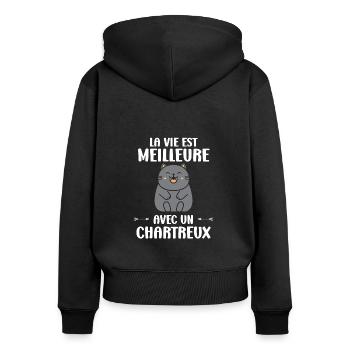 Humour chat chartreux - Sweat à capuche zippé Premium bio Femme - noir - Dos - Julia (174cm)