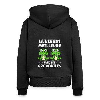 Humour Crocodile - Sweat à capuche zippé Premium bio Femme - noir - Dos - Julia (174cm)