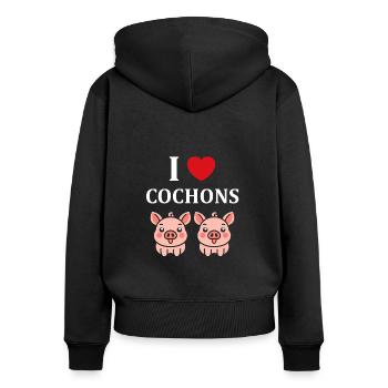 cochon - Sweat à capuche zippé Premium bio Femme - noir - Dos - Julia (174cm)