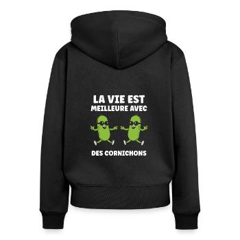 Humour Cornichon - Sweat à capuche zippé Premium bio Femme - noir - Dos - Julia (174cm)