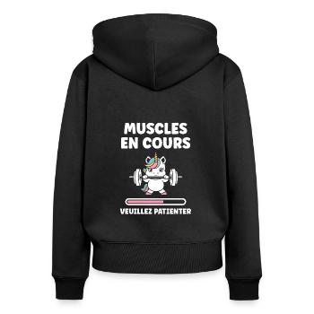 Humour musculation - Sweat à capuche zippé Premium bio Femme - noir - Dos - Julia (174cm)