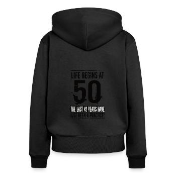50e anniversaire - Sweat à capuche zippé Premium bio Femme - noir - Dos - Julia (174cm)