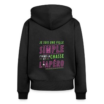 Je suis une fille simple chasse apéro - Sweat à capuche zippé Premium bio Femme - noir - Dos - Julia (174cm)