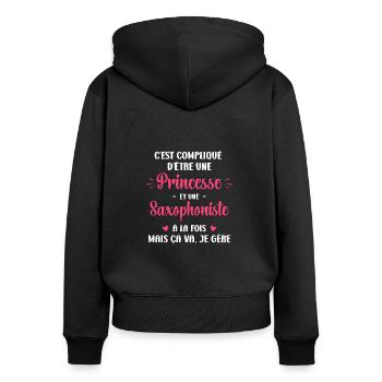 C est compliqué princesse et Saxophoniste - Sweat à capuche zippé Premium bio Femme - noir - Dos - Julia (174cm)