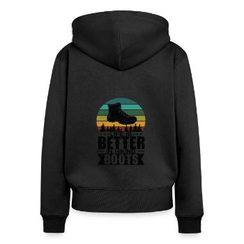 Life Is Better In Hiking Boots Berge Wandern - Frauen Premium Bio Zip Hoodie - Schwarz - Hinten - Julia (174cm)