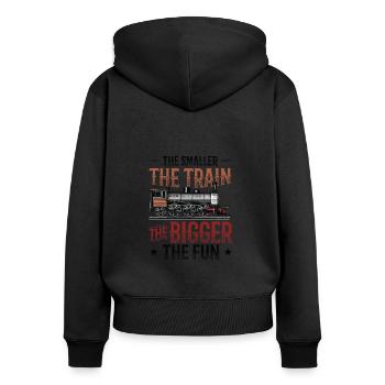 Kleiner der Zug, desto größer die Modelleisenbahn - Frauen Premium Bio Zip Hoodie - Schwarz - Hinten - Julia (174cm)