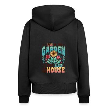 I Live In The Garden Lover, Gartenarbeit. - Frauen Premium Bio Zip Hoodie - Schwarz - Hinten - Julia (174cm)