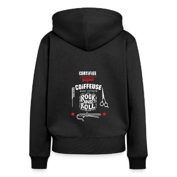 t- shirt coiffeuse certifiée option musique - Sweat à capuche zippé Premium bio Femme - noir - Dos - Julia (174cm)