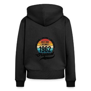 Rétro 60 ans Décembre 1962 Anniversaire Millésime - Sweat à capuche zippé Premium bio Femme - noir - Dos - Julia (174cm)