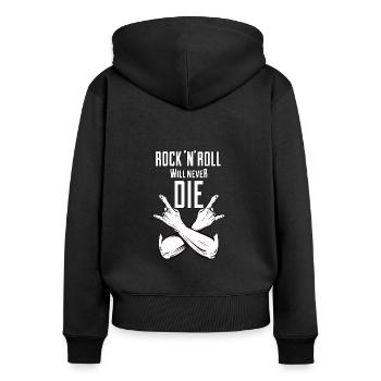 Rock N Roll ne mourra jamais - Sweat à capuche zippé Premium bio Femme - noir - Dos - Julia (174cm)