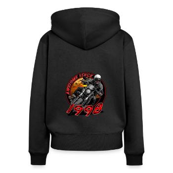 Génial depuis 1998, anniversaire du motard - Sweat à capuche zippé Premium bio Femme - noir - Dos - Julia (174cm)